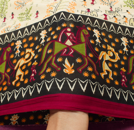 Sushila Vintage Saree 100% Pure Cotton Cream Warli Printed Soft Craft Fabric