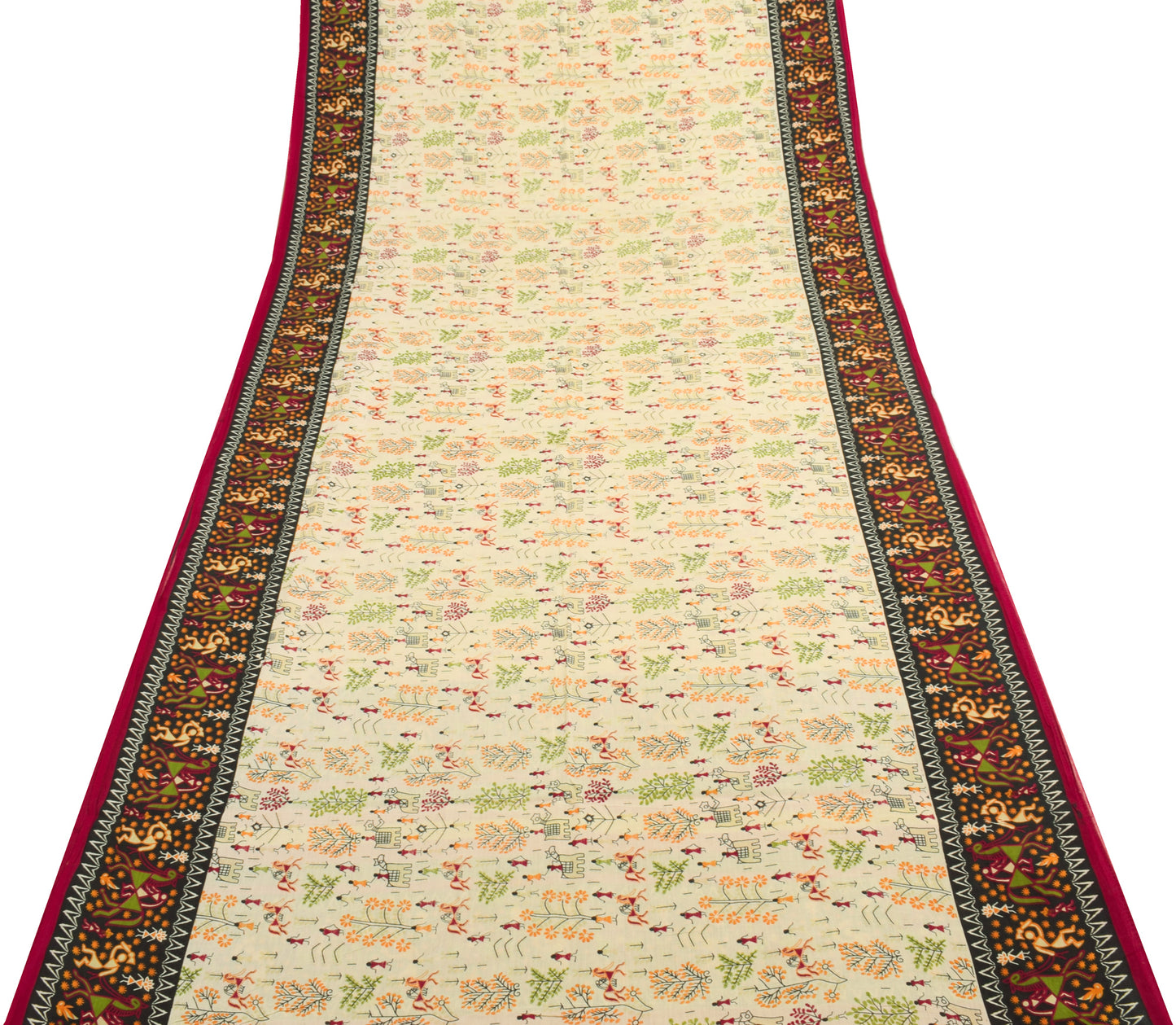 Sushila Vintage Saree 100% Pure Cotton Cream Warli Printed Soft Craft Fabric