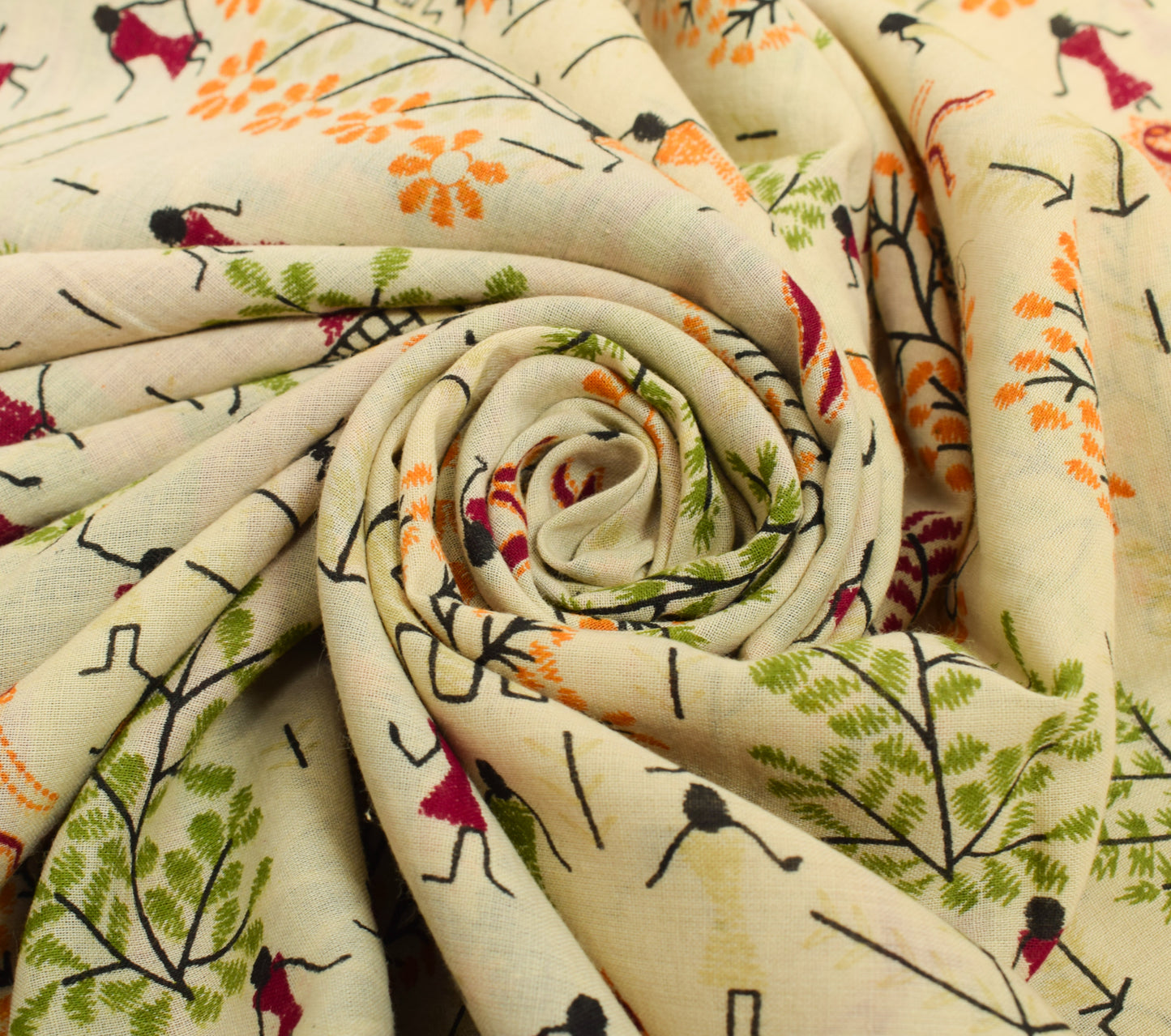 Sushila Vintage Saree 100% Pure Cotton Cream Warli Printed Soft Craft Fabric