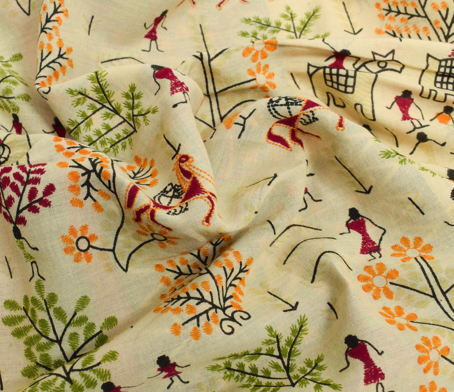 Sushila Vintage Saree 100% Pure Cotton Cream Warli Printed Soft Craft Fabric