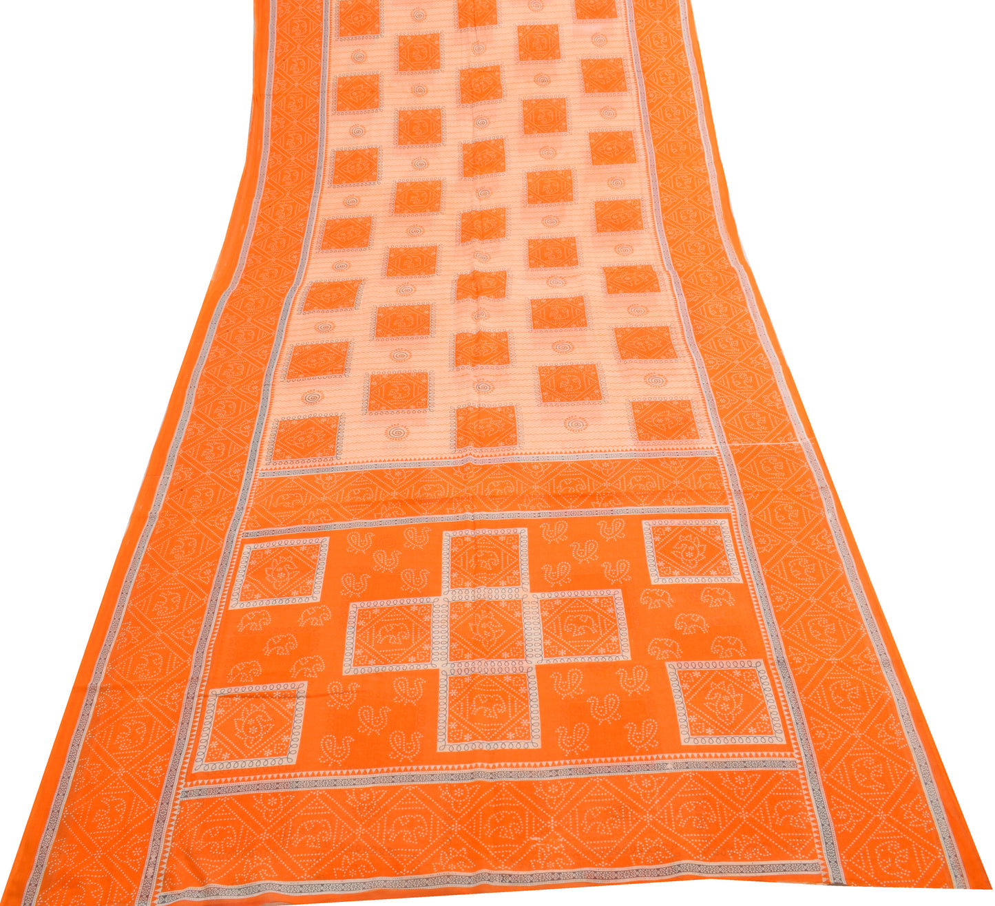 Sushila Vintage Orange Indian Saree 100% Pure Cotton Printed Soft Craft Fabric