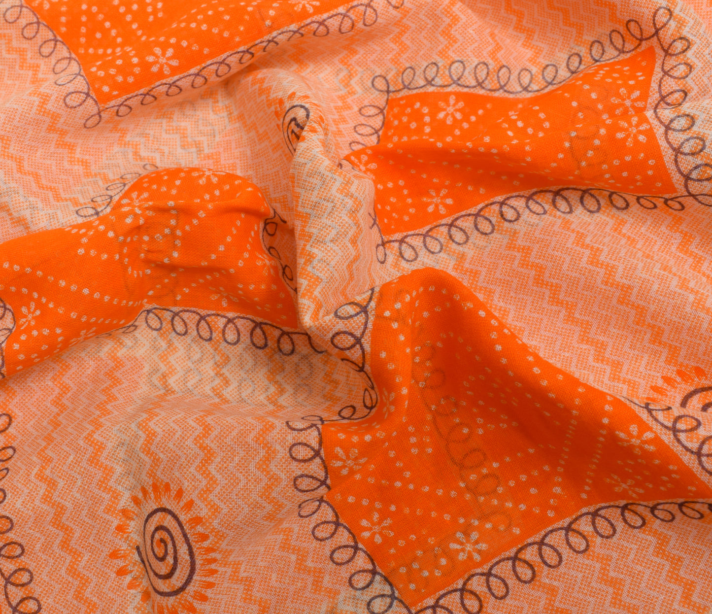 Sushila Vintage Orange Indian Saree 100% Pure Cotton Printed Soft Craft Fabric