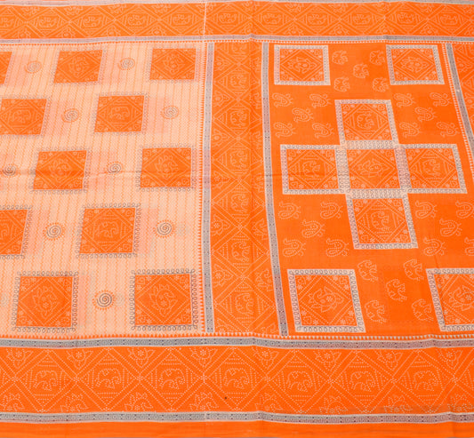 Sushila Vintage Orange Indian Saree 100% Pure Cotton Printed Soft Craft Fabric