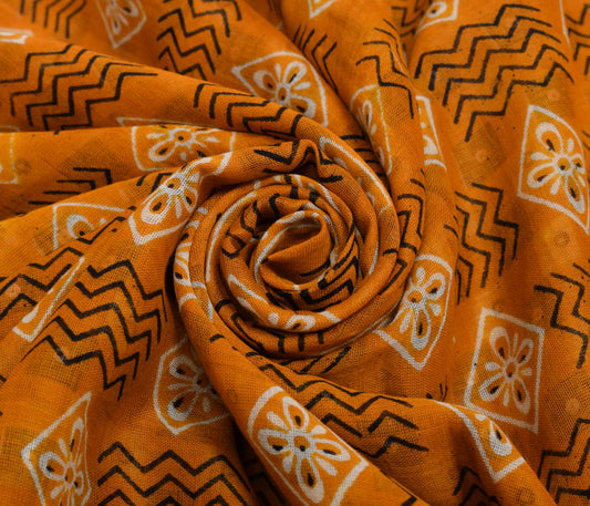 Sushila Vintage Mustard Saree 100% Pure Cotton Printed Floral Soft Craft Fabric