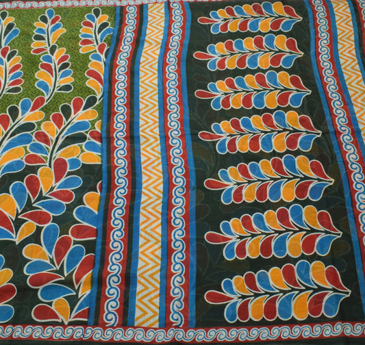 Sushila Vintage Green Saree 100% Pure Cotton Printed Soft Floral Craft Fabric