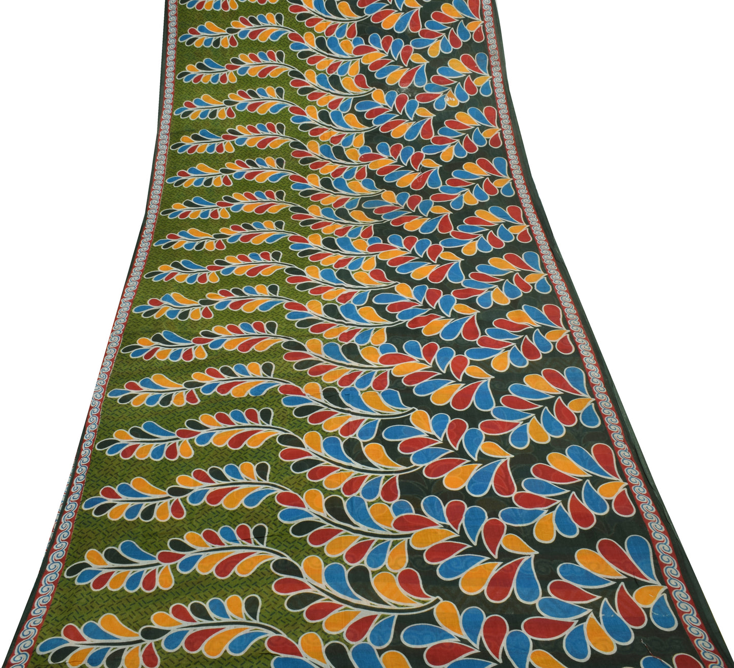 Sushila Vintage Green Saree 100% Pure Cotton Printed Soft Floral Craft Fabric
