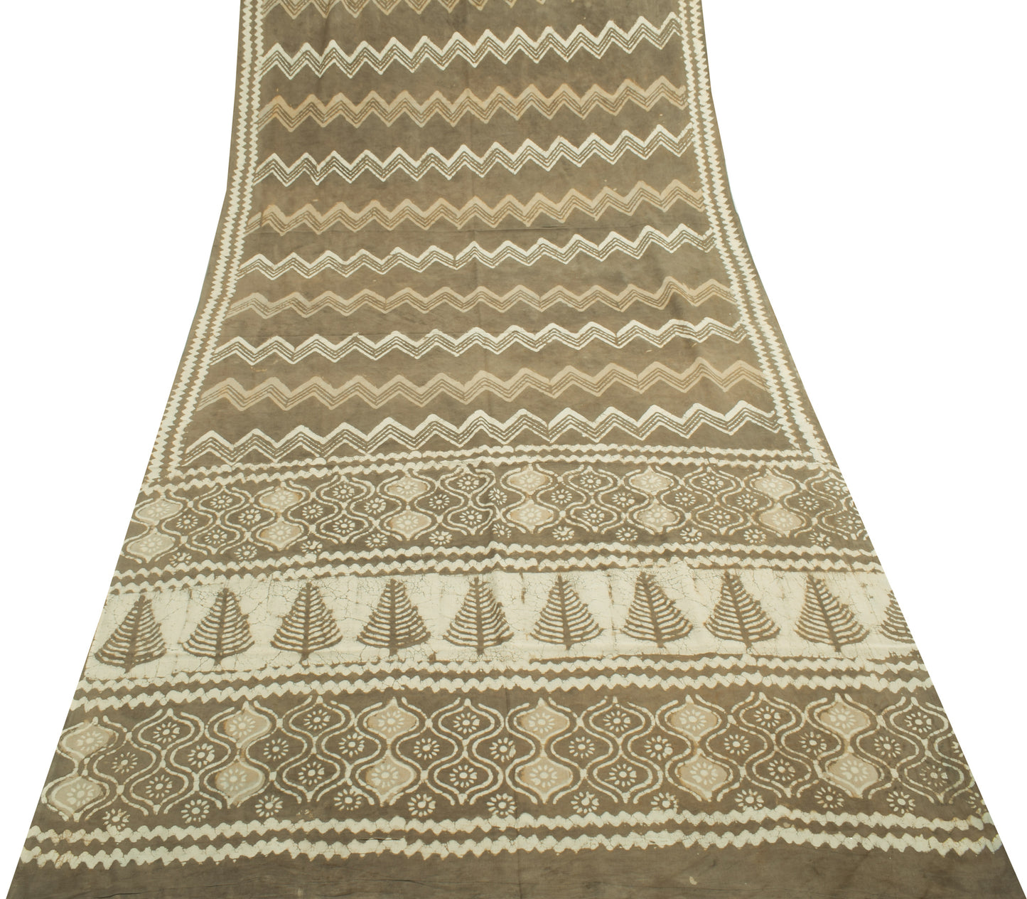 Sushila Vintage Indian Saree 100% Pure Cotton Printed Zig-Zag Soft Craft Fabric