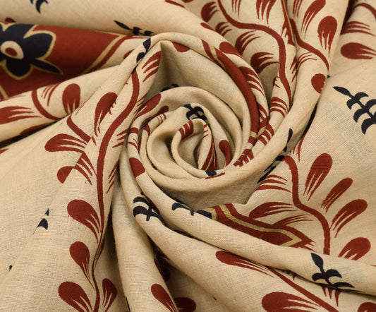 Sushila Vintage Maroon Saree 100% Pure Cotton Floral Printed 5 Yard Craft Fabric