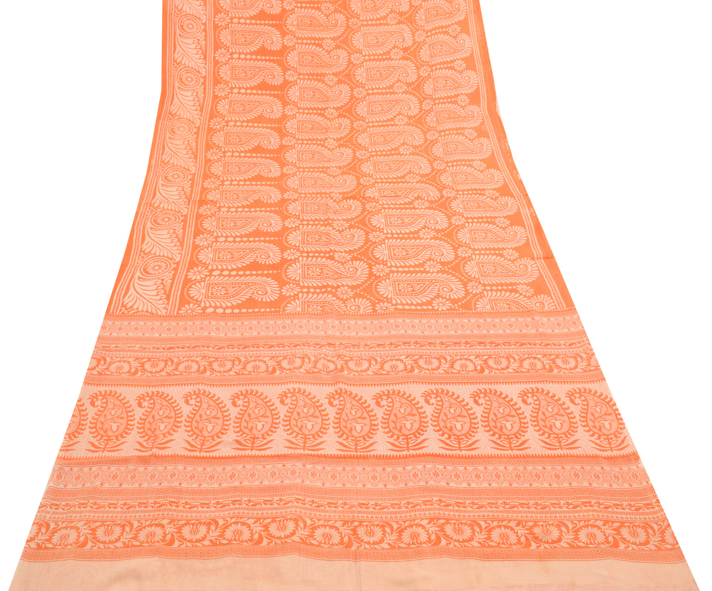 Sushila Vintage Saree 100% Pure Cotton Printed Orange Paisley Soft Craft Fabric