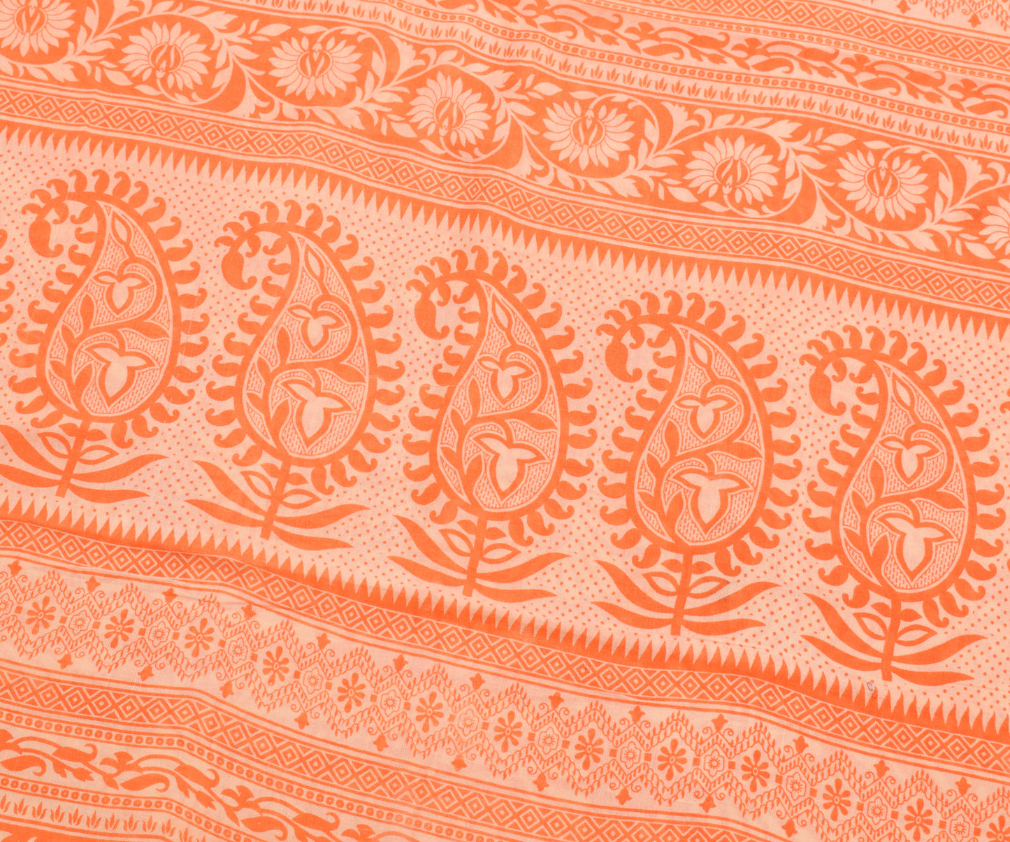 Sushila Vintage Saree 100% Pure Cotton Printed Orange Paisley Soft Craft Fabric