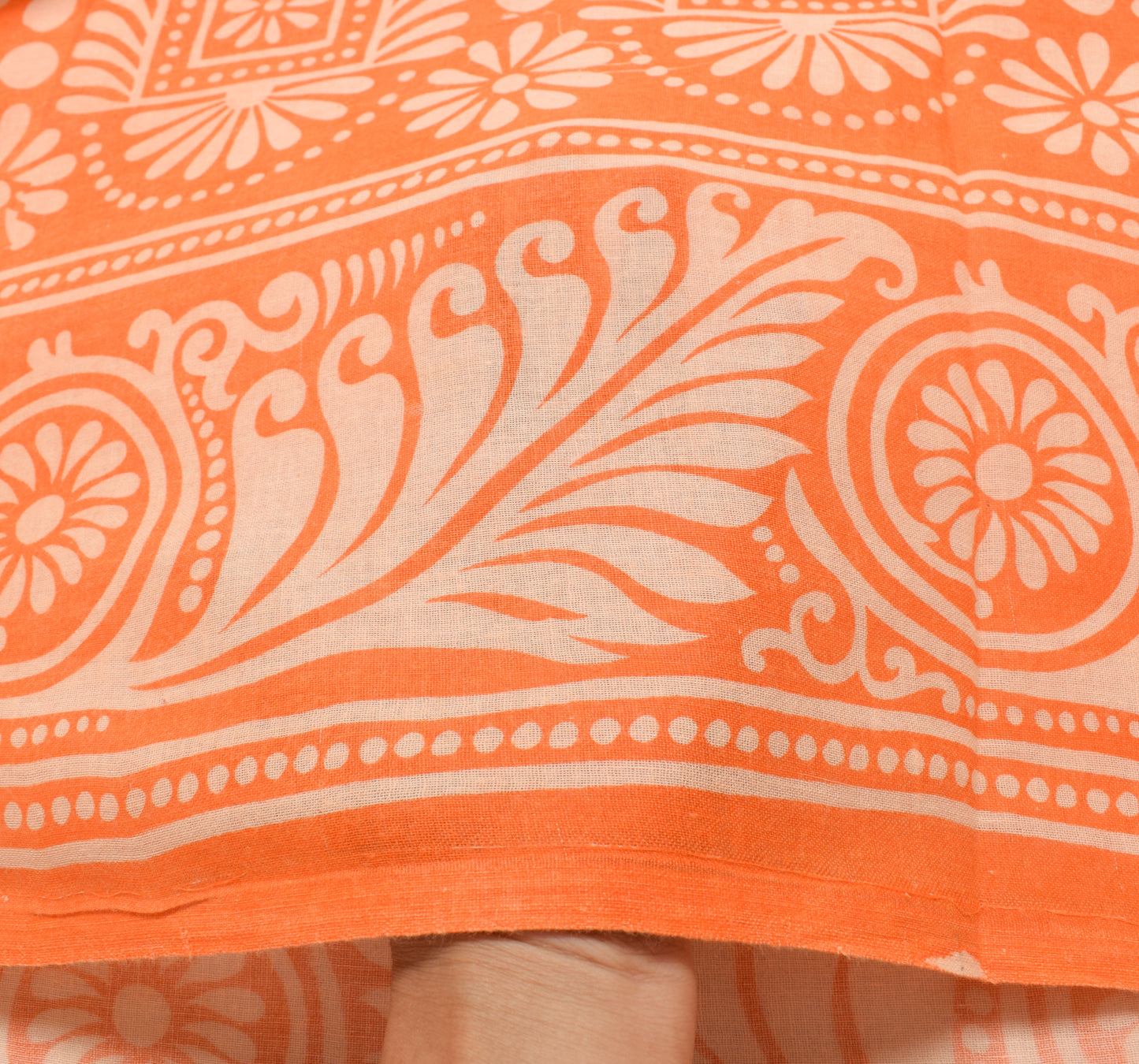 Sushila Vintage Saree 100% Pure Cotton Printed Orange Paisley Soft Craft Fabric