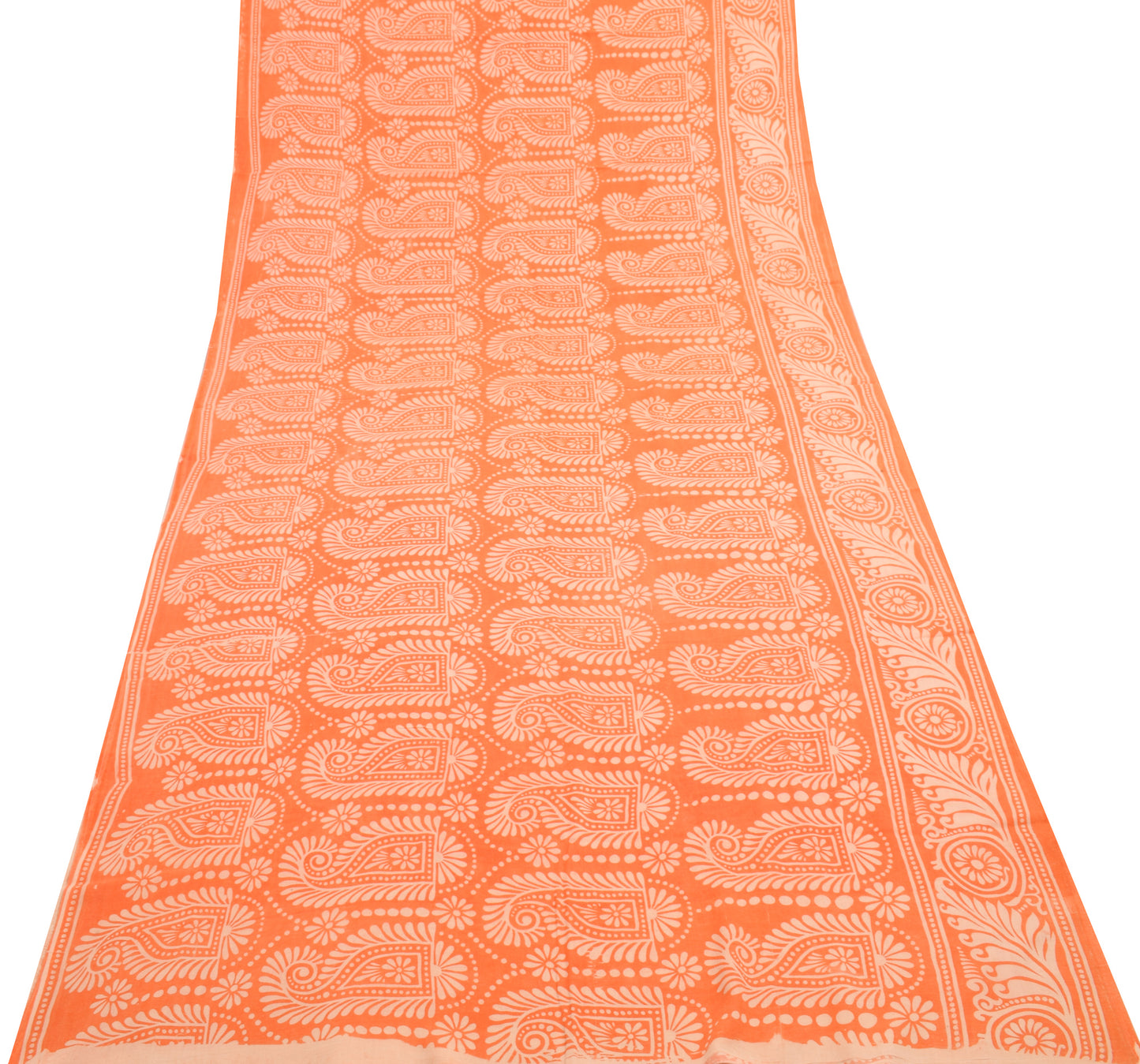 Sushila Vintage Saree 100% Pure Cotton Printed Orange Paisley Soft Craft Fabric