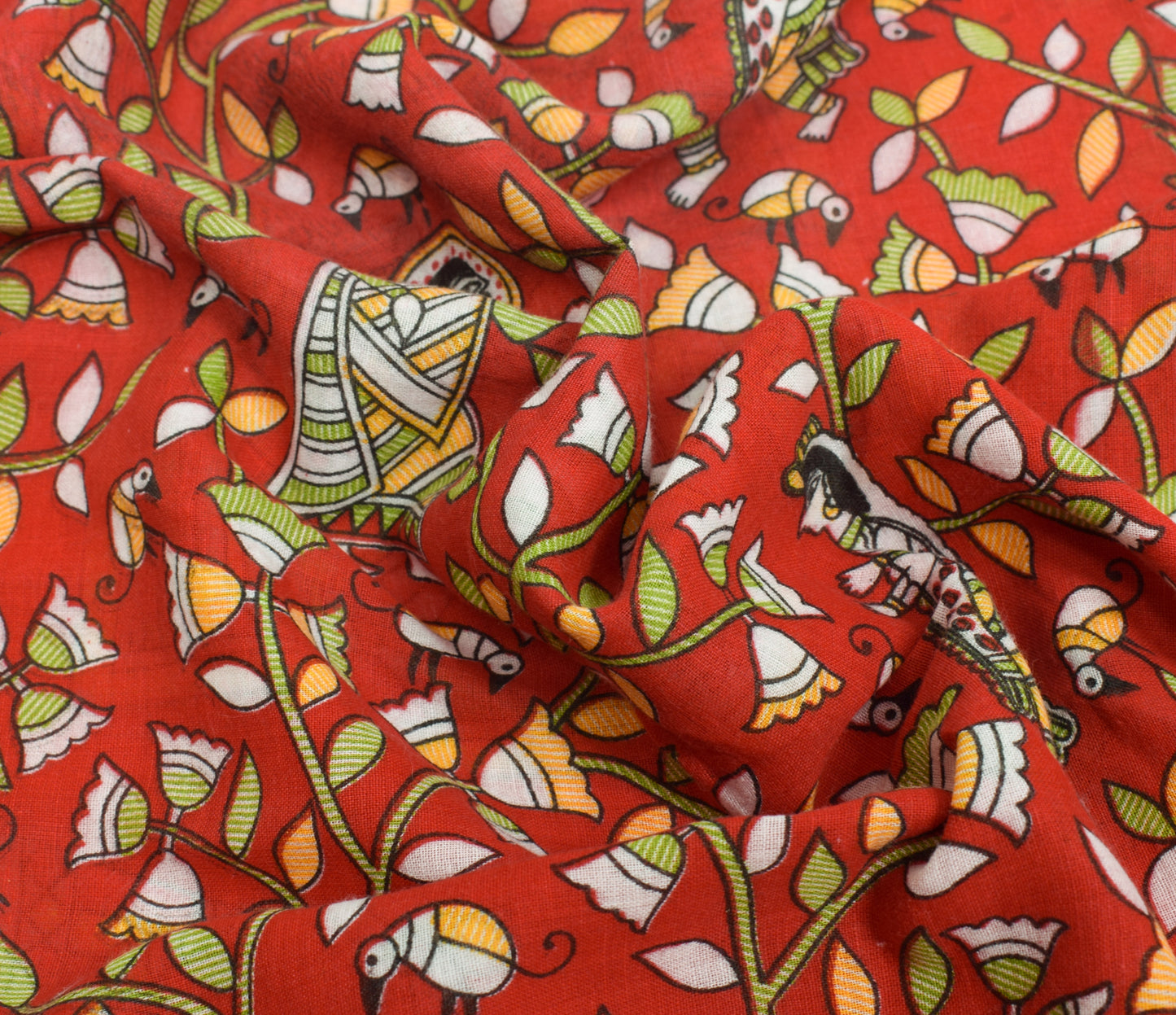 Sushila Vintage Red Saree 100% Pure Cotton Madhubani Printed Soft Craft Fabric