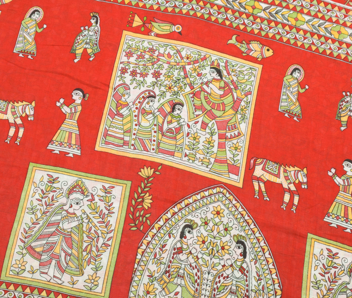 Sushila Vintage Red Saree 100% Pure Cotton Madhubani Printed Soft Craft Fabric