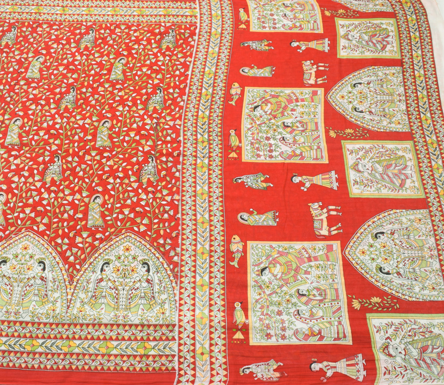 Sushila Vintage Red Saree 100% Pure Cotton Madhubani Printed Soft Craft Fabric