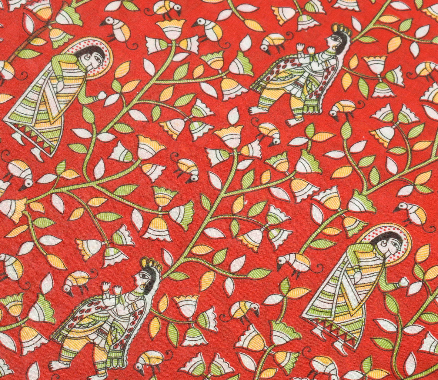 Sushila Vintage Red Saree 100% Pure Cotton Madhubani Printed Soft Craft Fabric