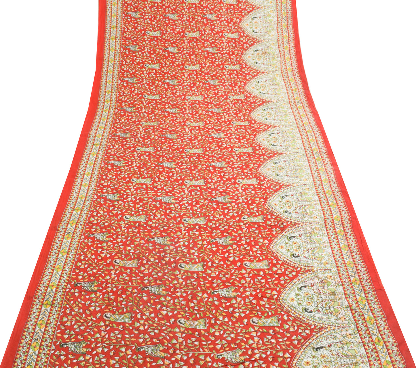 Sushila Vintage Red Saree 100% Pure Cotton Madhubani Printed Soft Craft Fabric