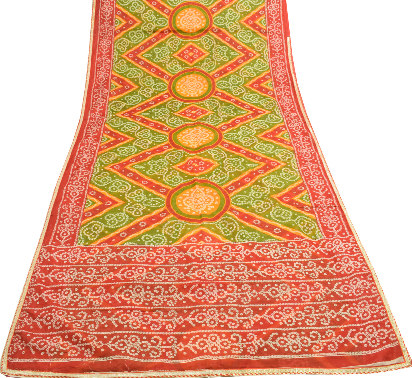 Sushila Vintage Red & Green Saree 100% Pure Cotton Bandhani Printed Craft Fabric