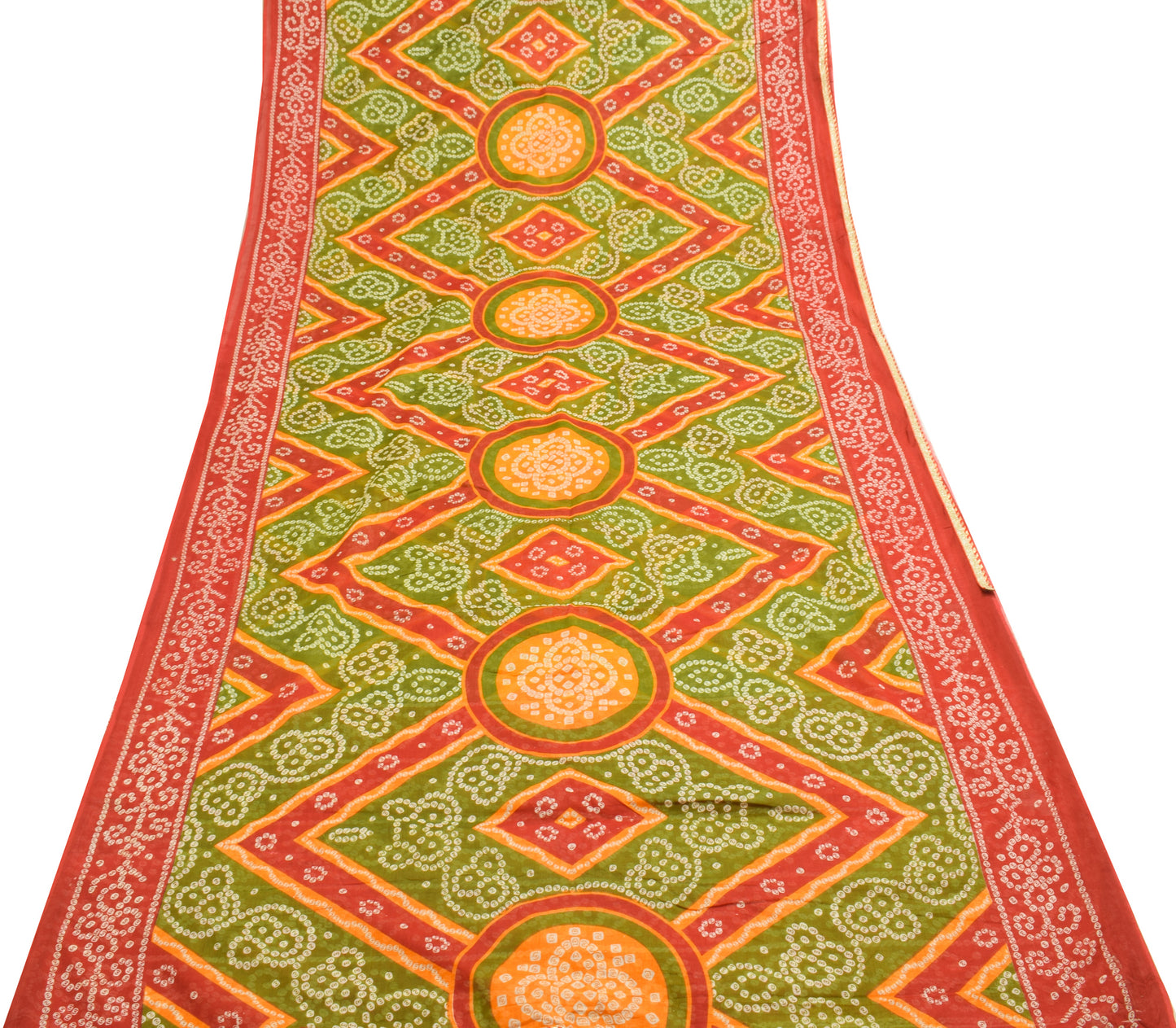 Sushila Vintage Red & Green Saree 100% Pure Cotton Bandhani Printed Craft Fabric
