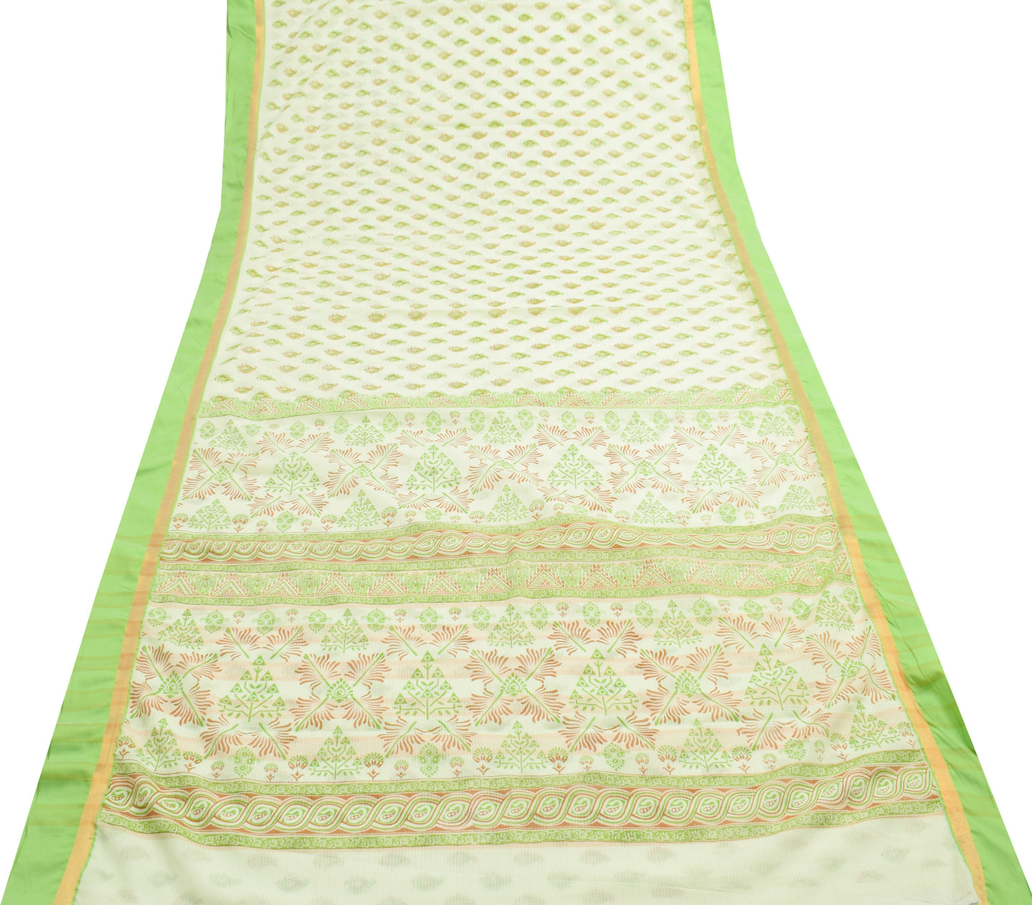 Sushila Vintage Greenish White Saree Pure Cotton Printed Paisley Craft Fabric
