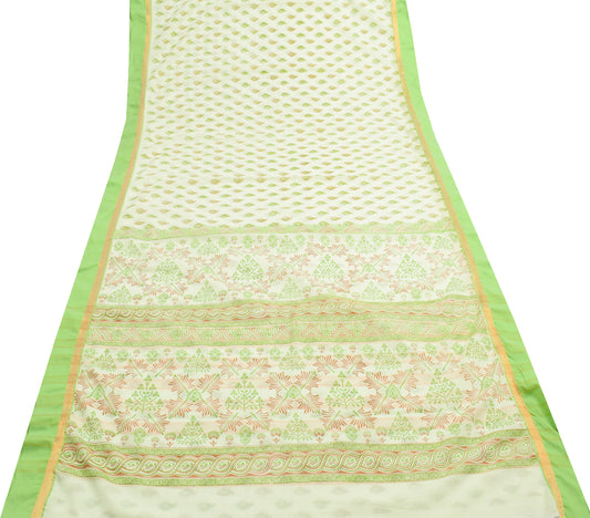 Sushila Vintage Greenish White Saree Pure Cotton Printed Paisley Craft Fabric