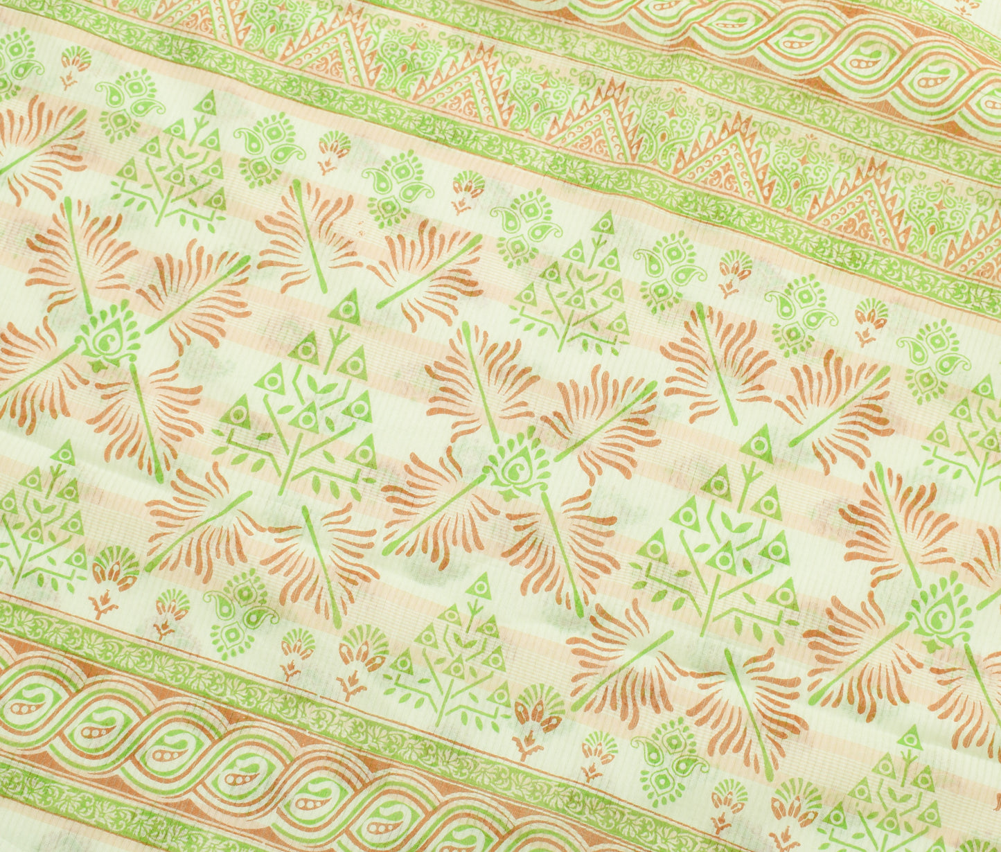 Sushila Vintage Greenish White Saree Pure Cotton Printed Paisley Craft Fabric