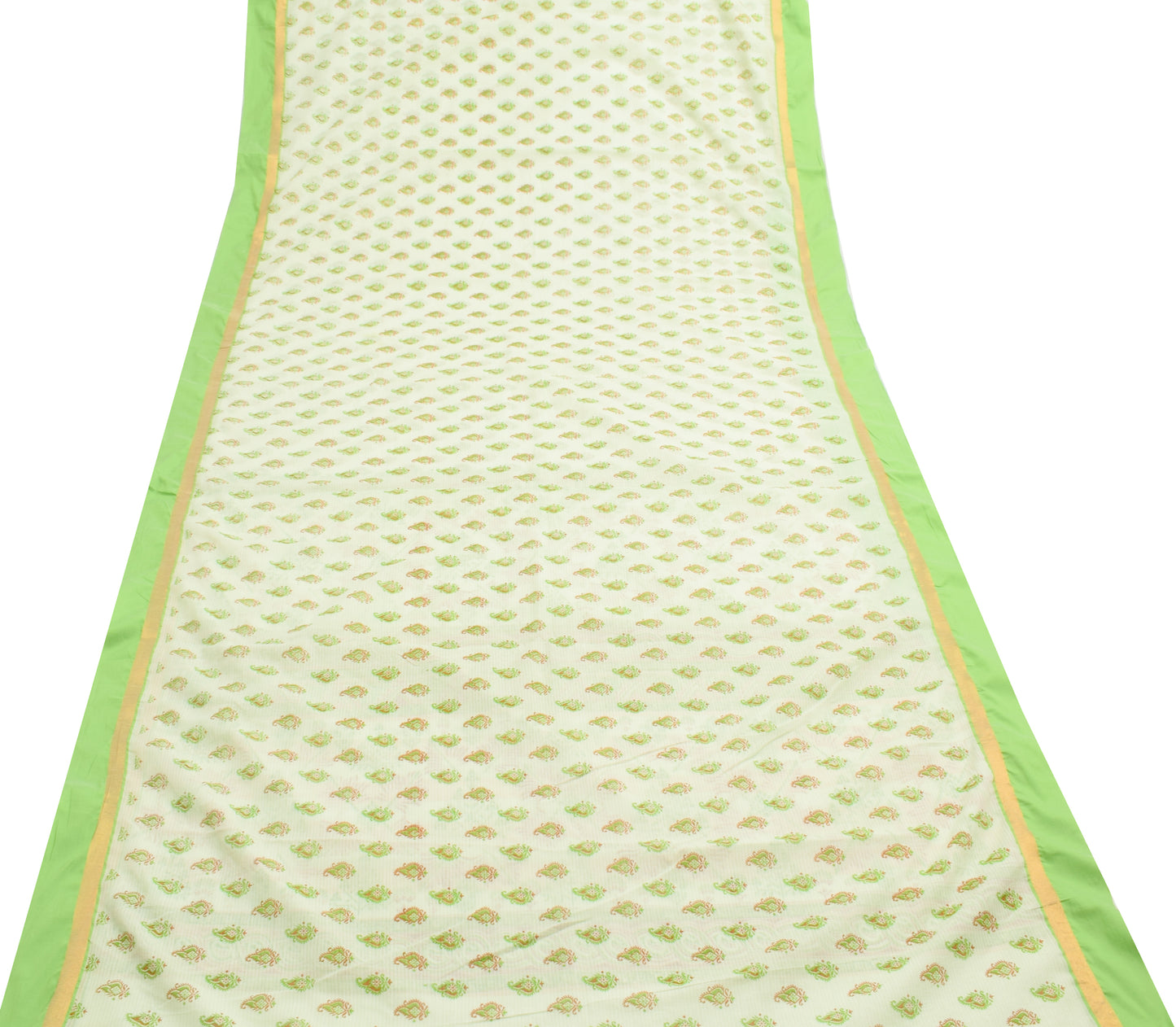 Sushila Vintage Greenish White Saree Pure Cotton Printed Paisley Craft Fabric