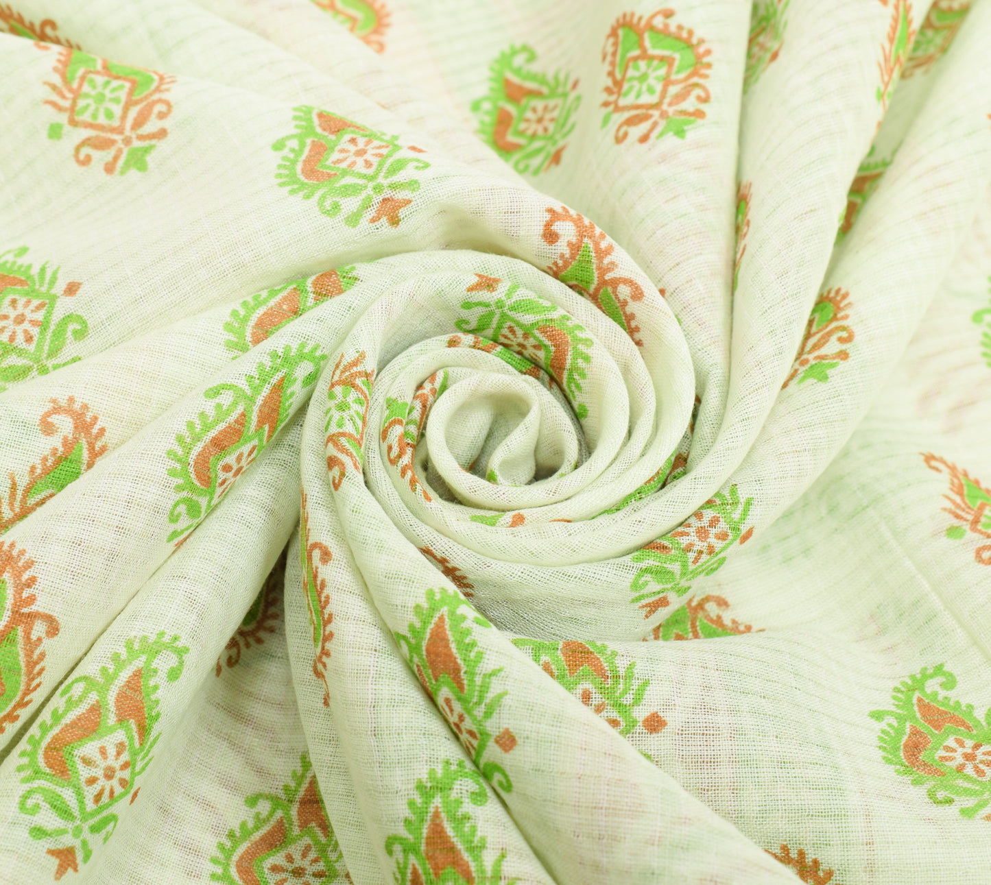 Sushila Vintage Greenish White Saree Pure Cotton Printed Paisley Craft Fabric