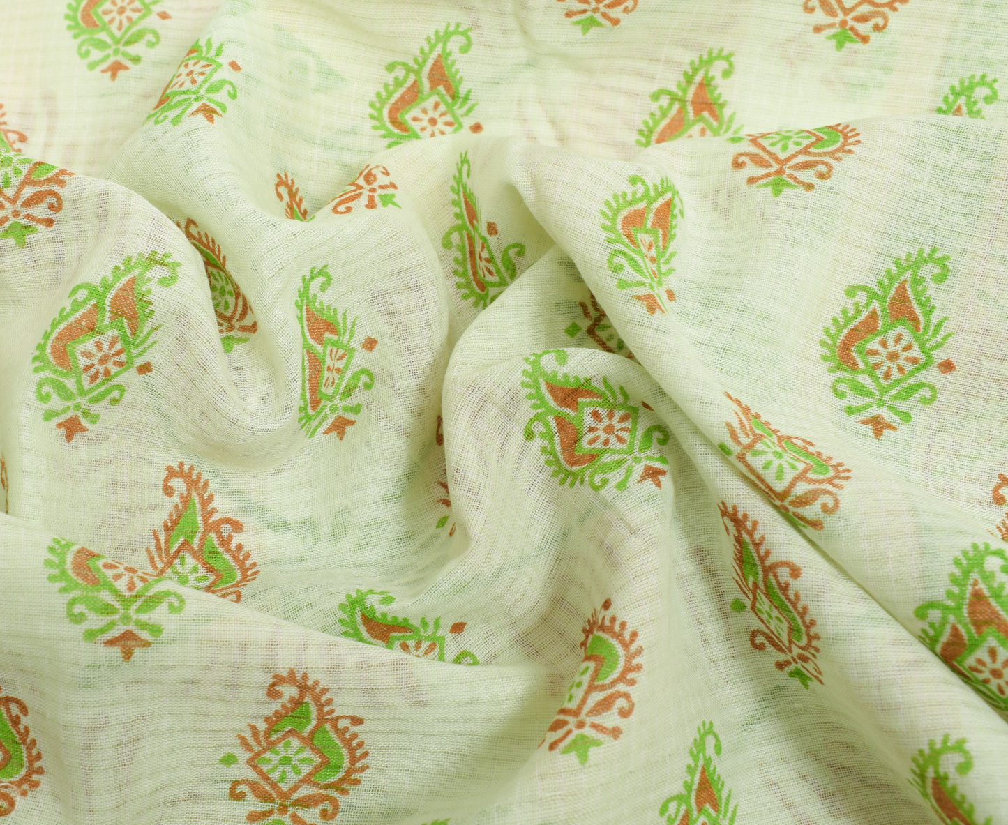 Sushila Vintage Greenish White Saree Pure Cotton Printed Paisley Craft Fabric