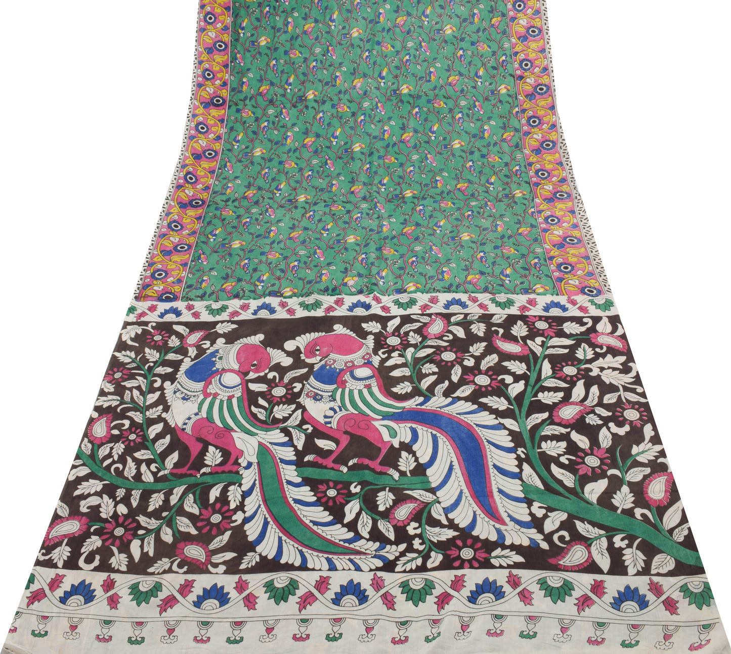 Sushila Vintage Green Saree 100% Pure Cotton Kalamkari Printed Soft Craft Fabric