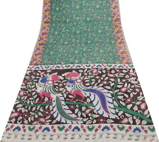 Sushila Vintage Green Saree 100% Pure Cotton Kalamkari Printed Soft Craft Fabric