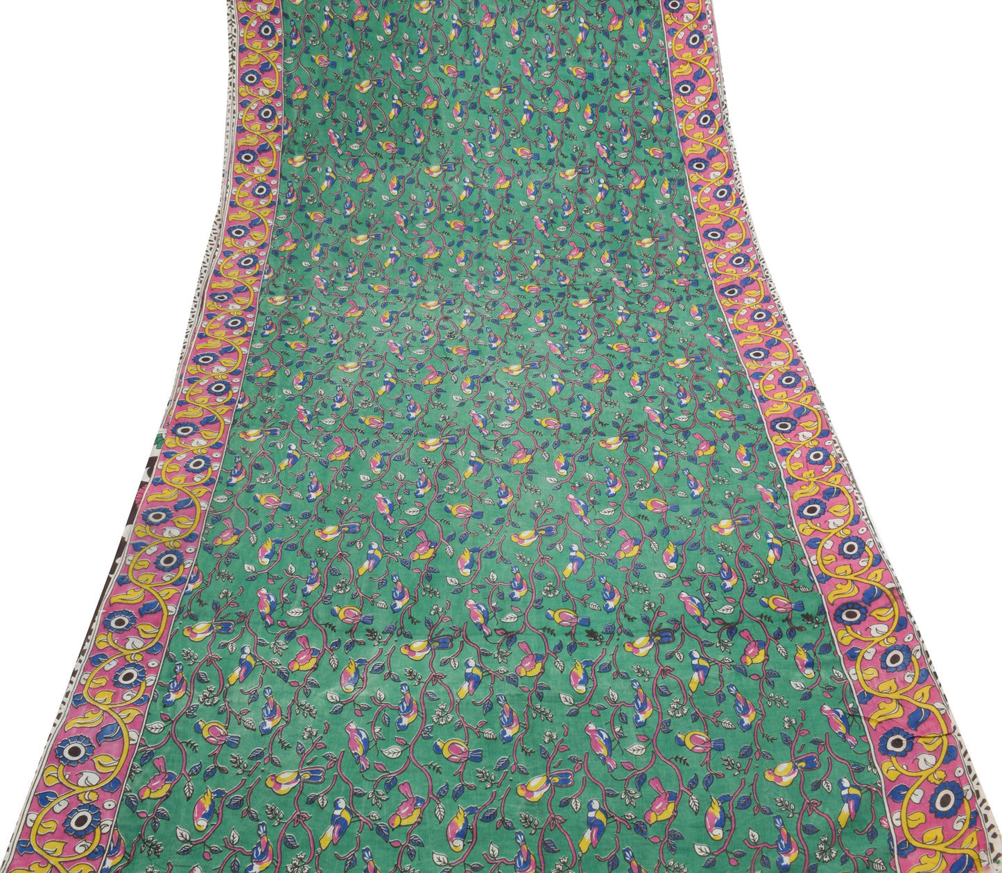 Sushila Vintage Green Saree 100% Pure Cotton Kalamkari Printed Soft Craft Fabric