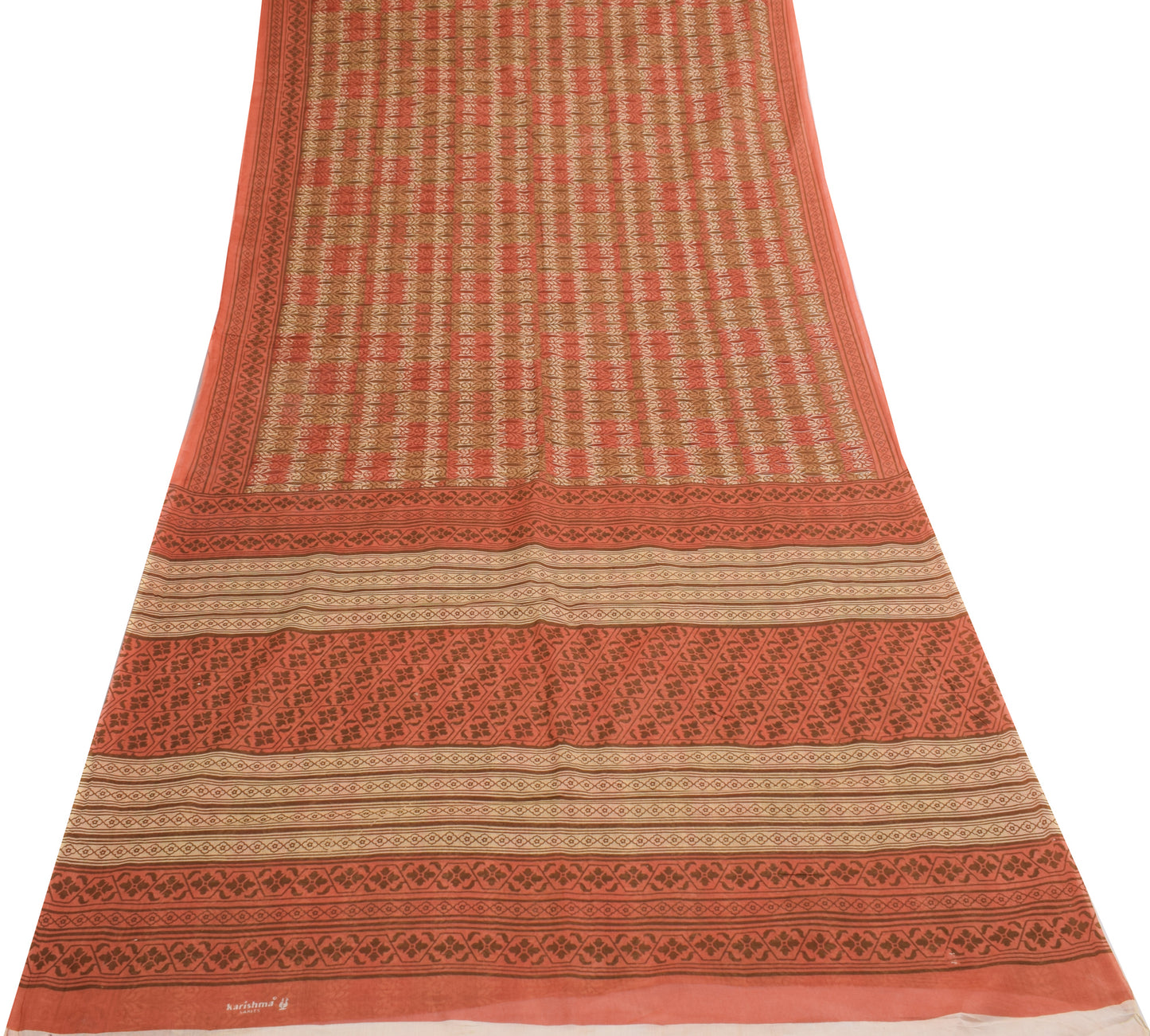 Sushila Vintage Brown Floral Saree 100% Pure Cotton Printed Indian Craft Fabric