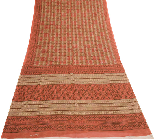 Sushila Vintage Brown Floral Saree 100% Pure Cotton Printed Indian Craft Fabric