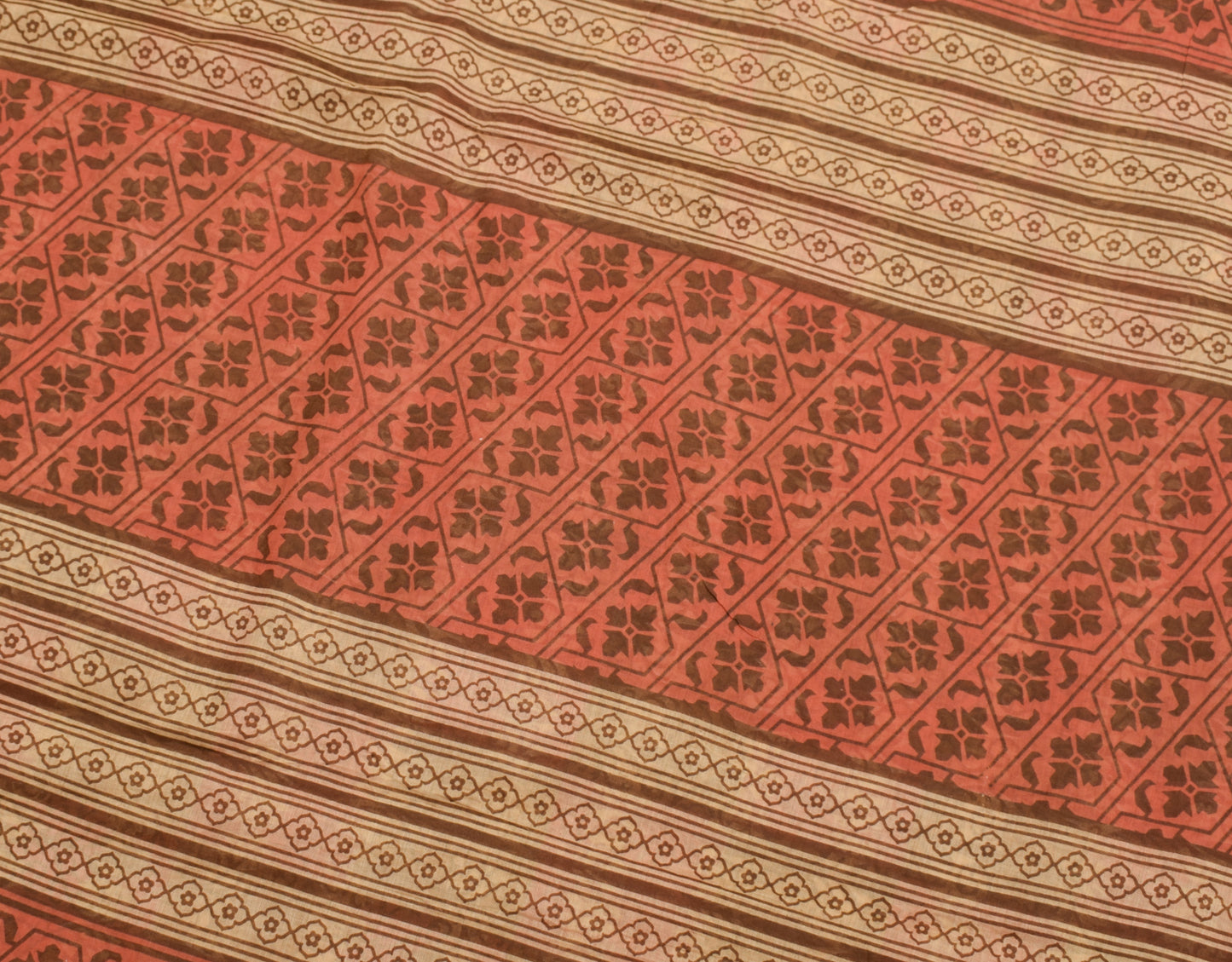 Sushila Vintage Brown Floral Saree 100% Pure Cotton Printed Indian Craft Fabric