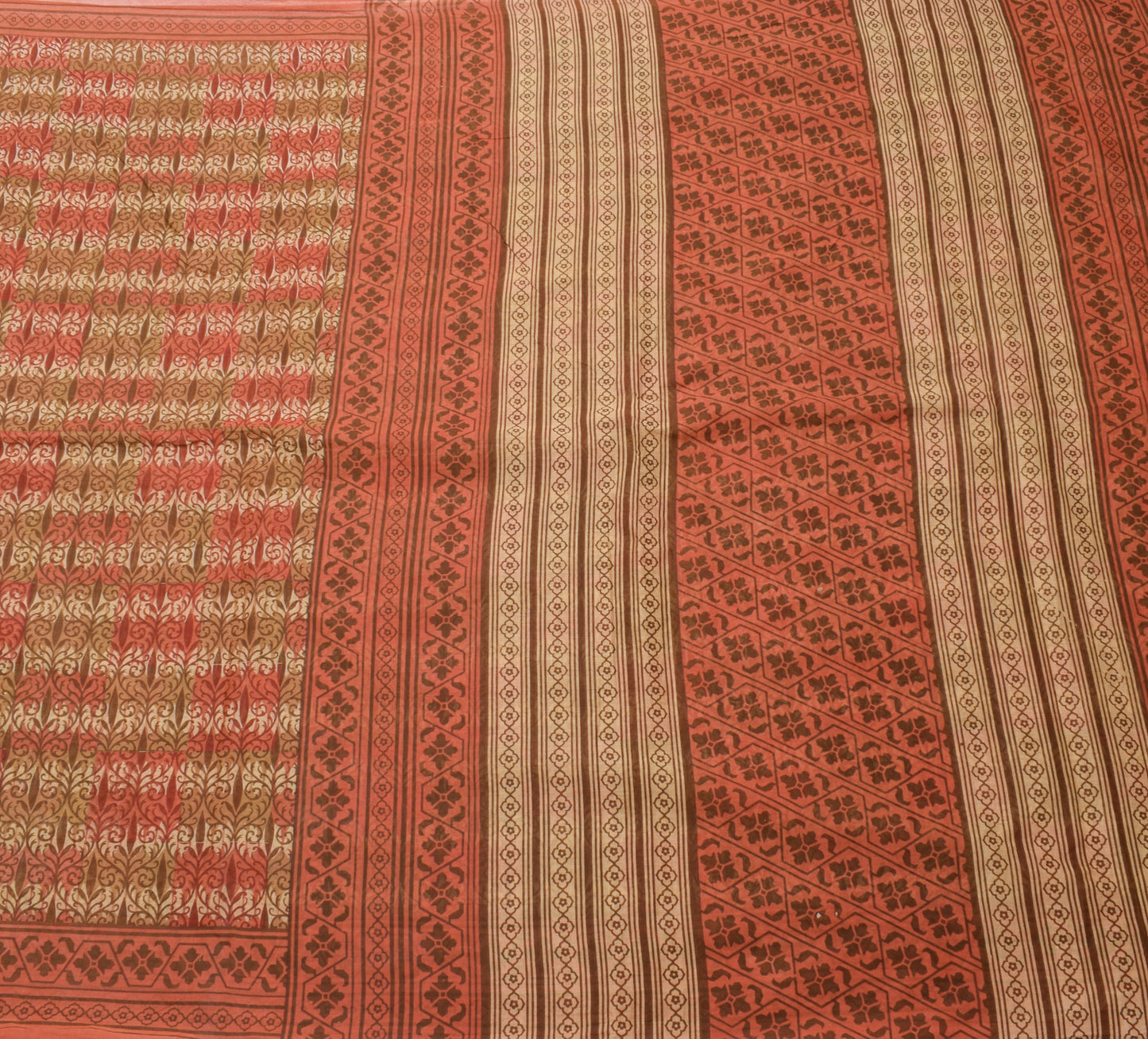 Sushila Vintage Brown Floral Saree 100% Pure Cotton Printed Indian Craft Fabric