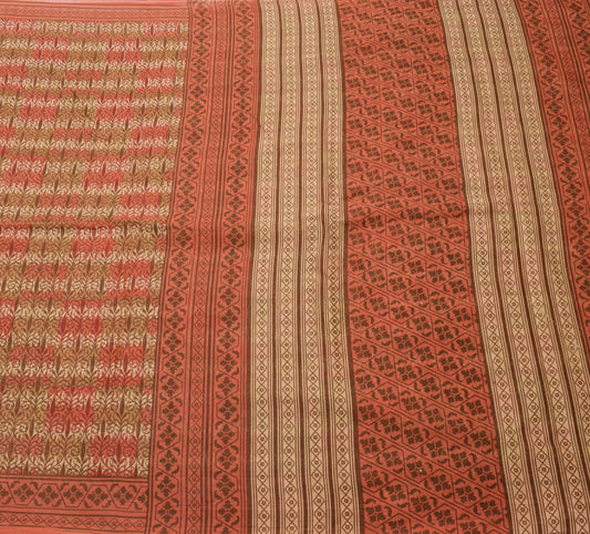 Sushila Vintage Brown Floral Saree 100% Pure Cotton Printed Indian Craft Fabric