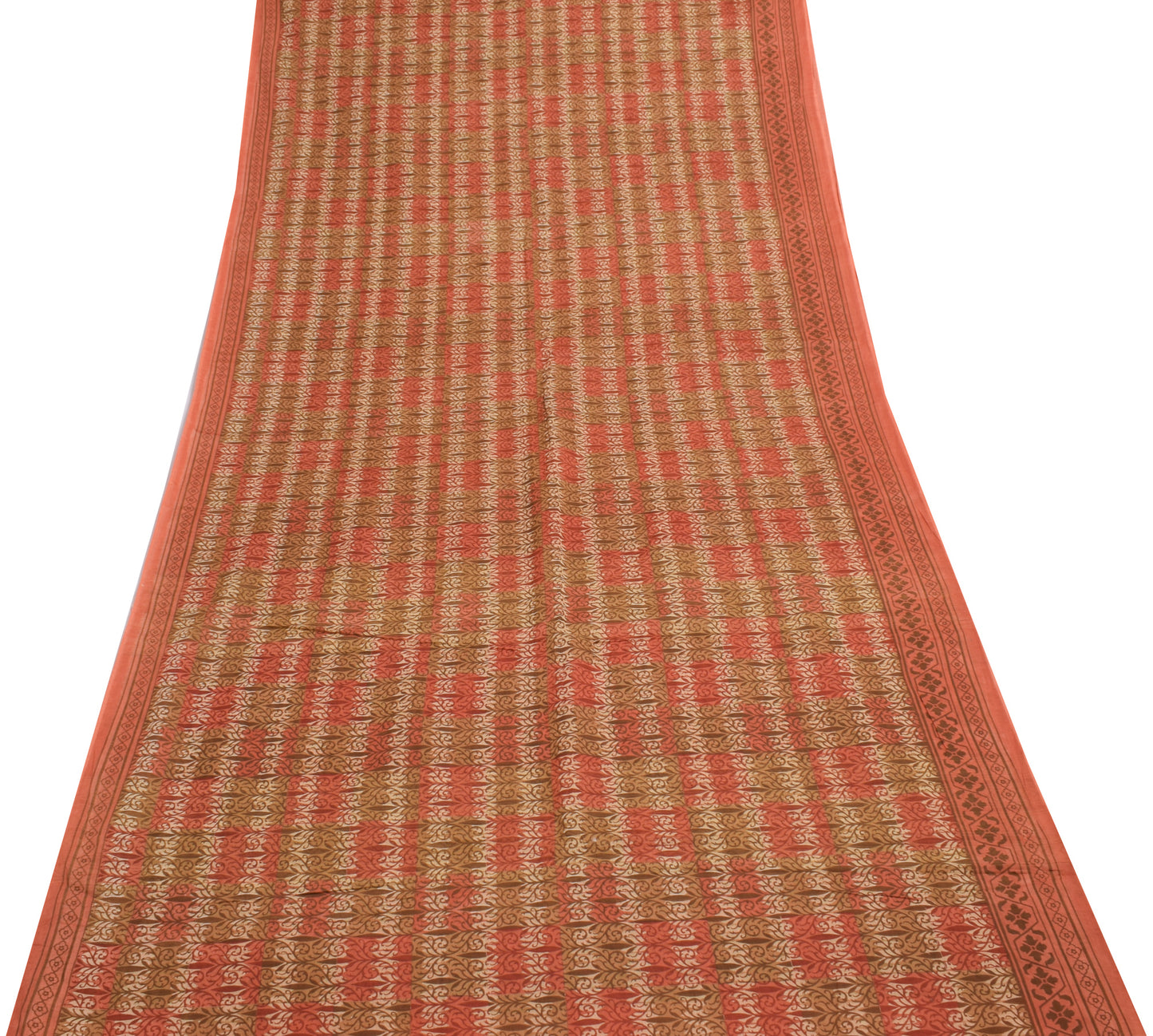 Sushila Vintage Brown Floral Saree 100% Pure Cotton Printed Indian Craft Fabric