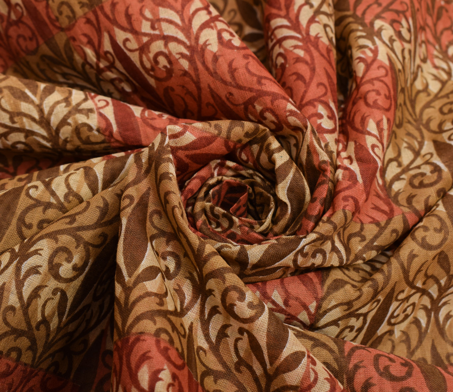 Sushila Vintage Brown Floral Saree 100% Pure Cotton Printed Indian Craft Fabric