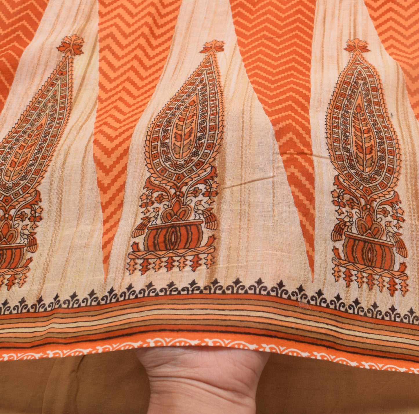 Sushila Vintage Indian Saree 100% Pure Cotton Printed Zig-Zag Soft Craft Fabric