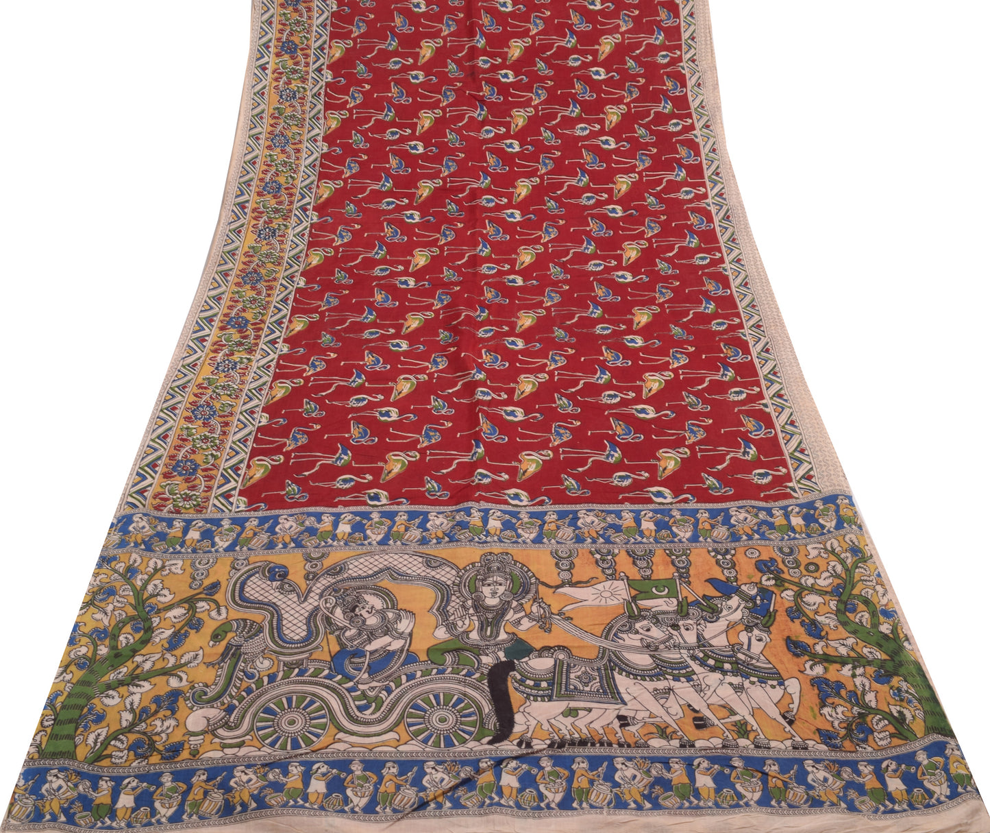 Sushila Vintage Saree 100% Pure Cotton Maroon Kalamkari Printed 5 YD Soft Fabric