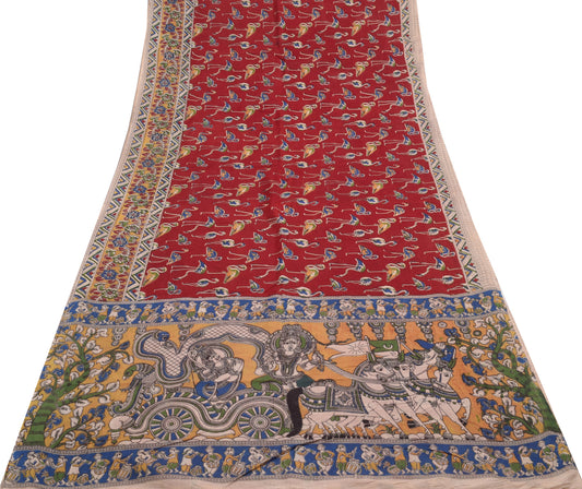 Sushila Vintage Saree 100% Pure Cotton Maroon Kalamkari Printed 5 YD Soft Fabric