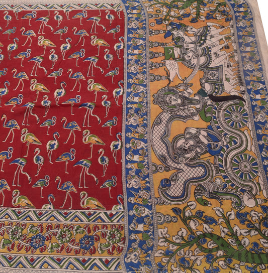 Sushila Vintage Saree 100% Pure Cotton Maroon Kalamkari Printed 5 YD Soft Fabric