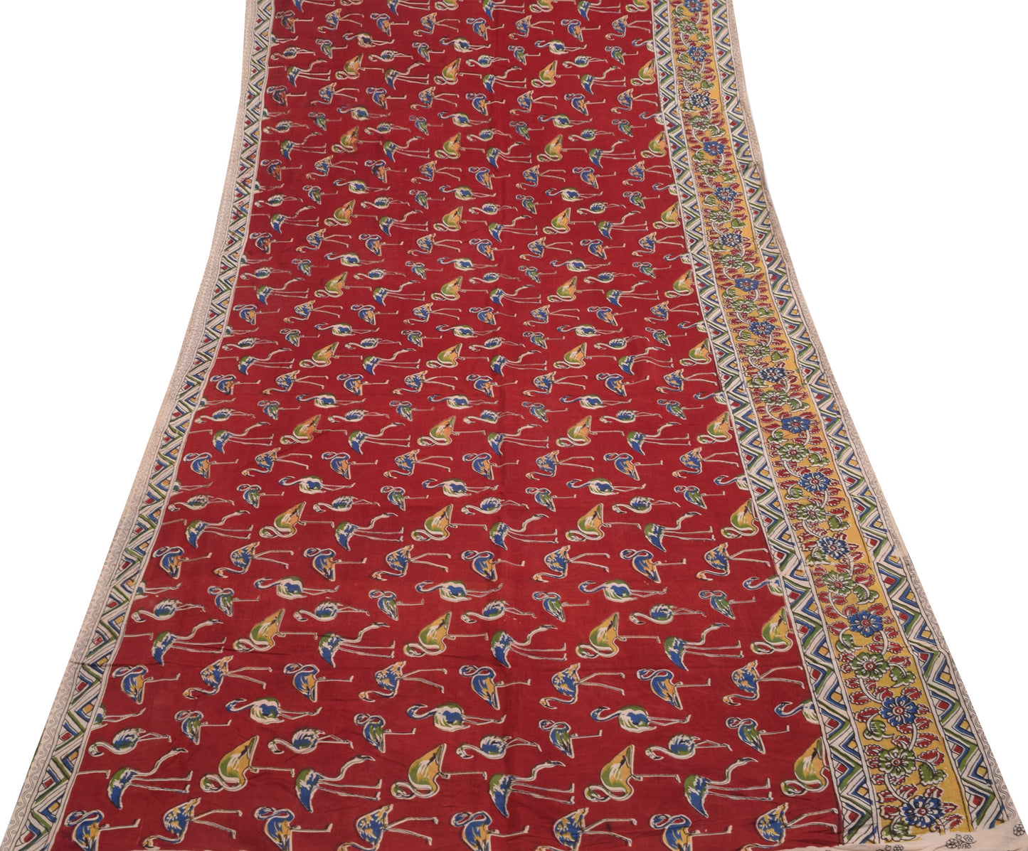 Sushila Vintage Saree 100% Pure Cotton Maroon Kalamkari Printed 5 YD Soft Fabric