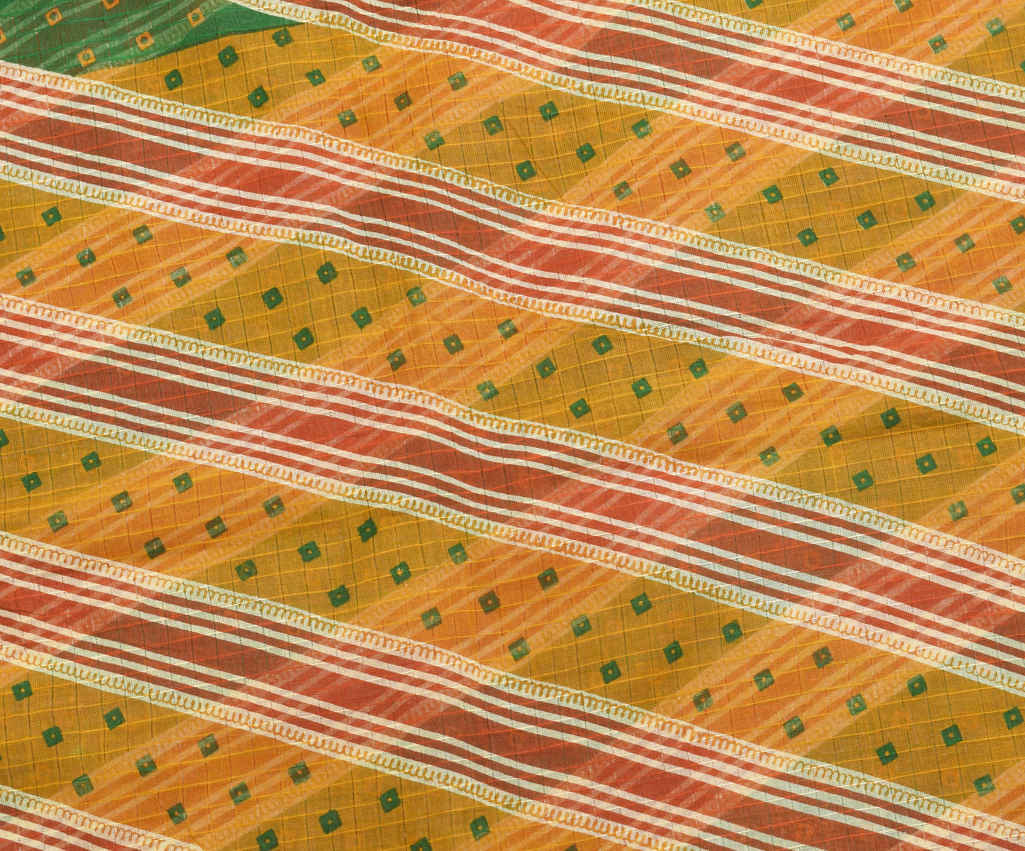 Sushila Vintage Green Indian Saree 100%Pure Cotton Bandhani Printed Craft Fabric