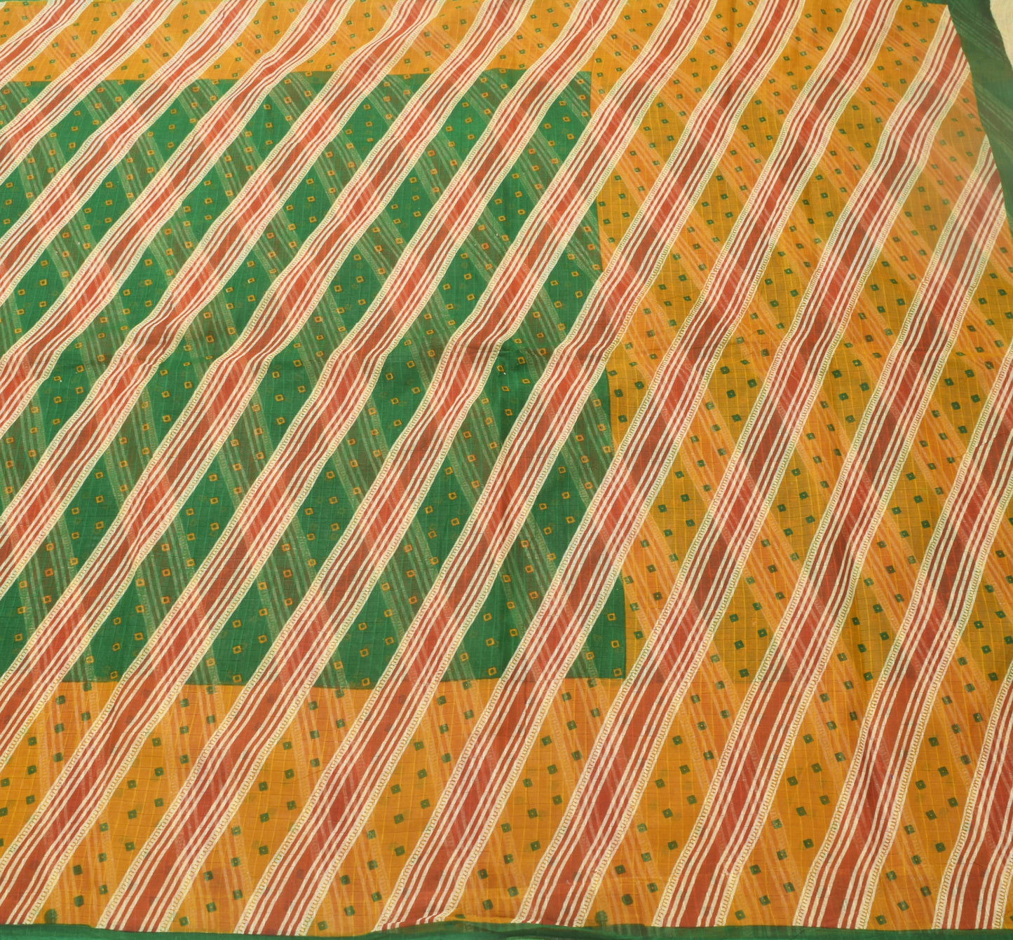 Sushila Vintage Green Indian Saree 100%Pure Cotton Bandhani Printed Craft Fabric