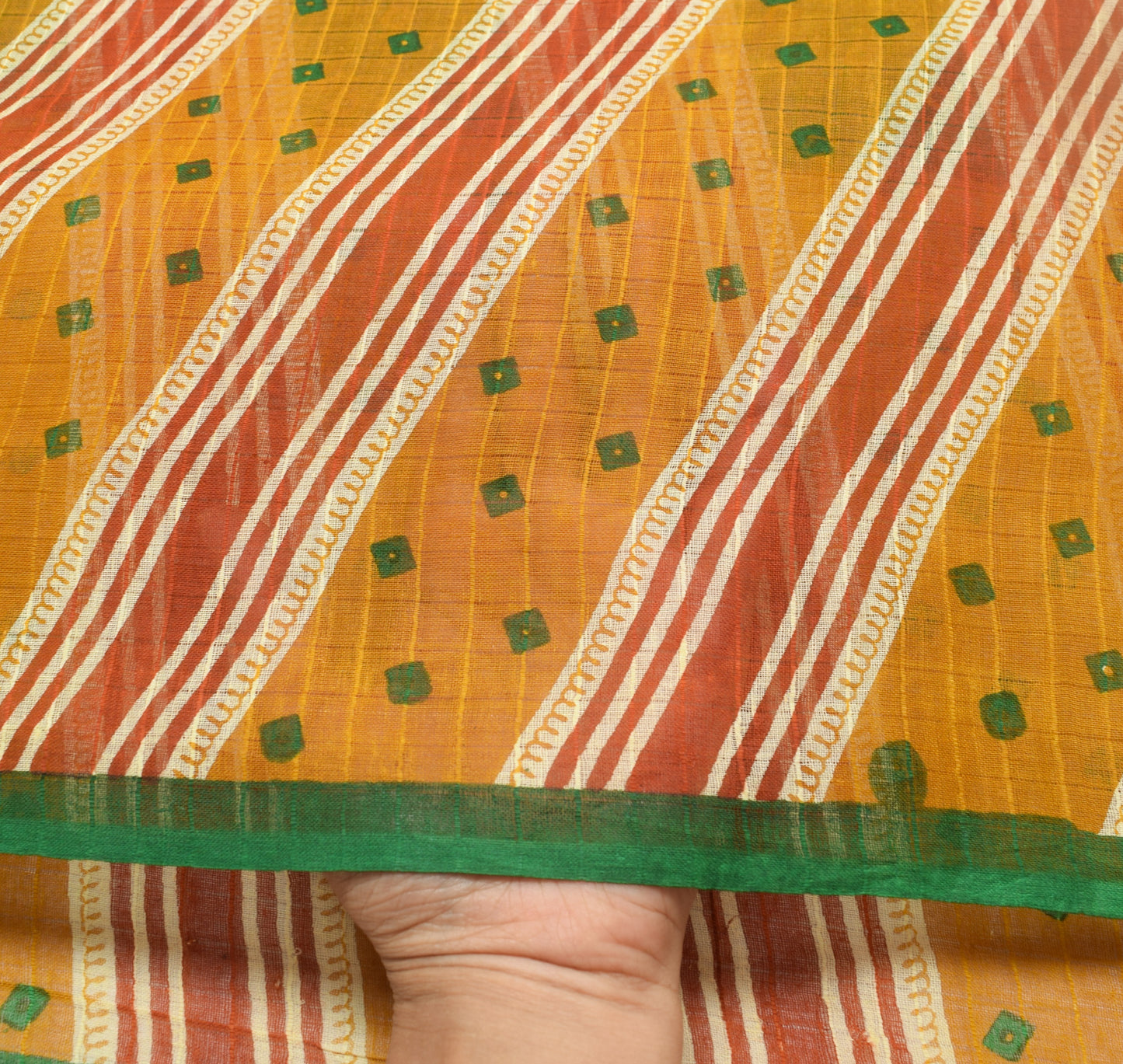 Sushila Vintage Green Indian Saree 100%Pure Cotton Bandhani Printed Craft Fabric