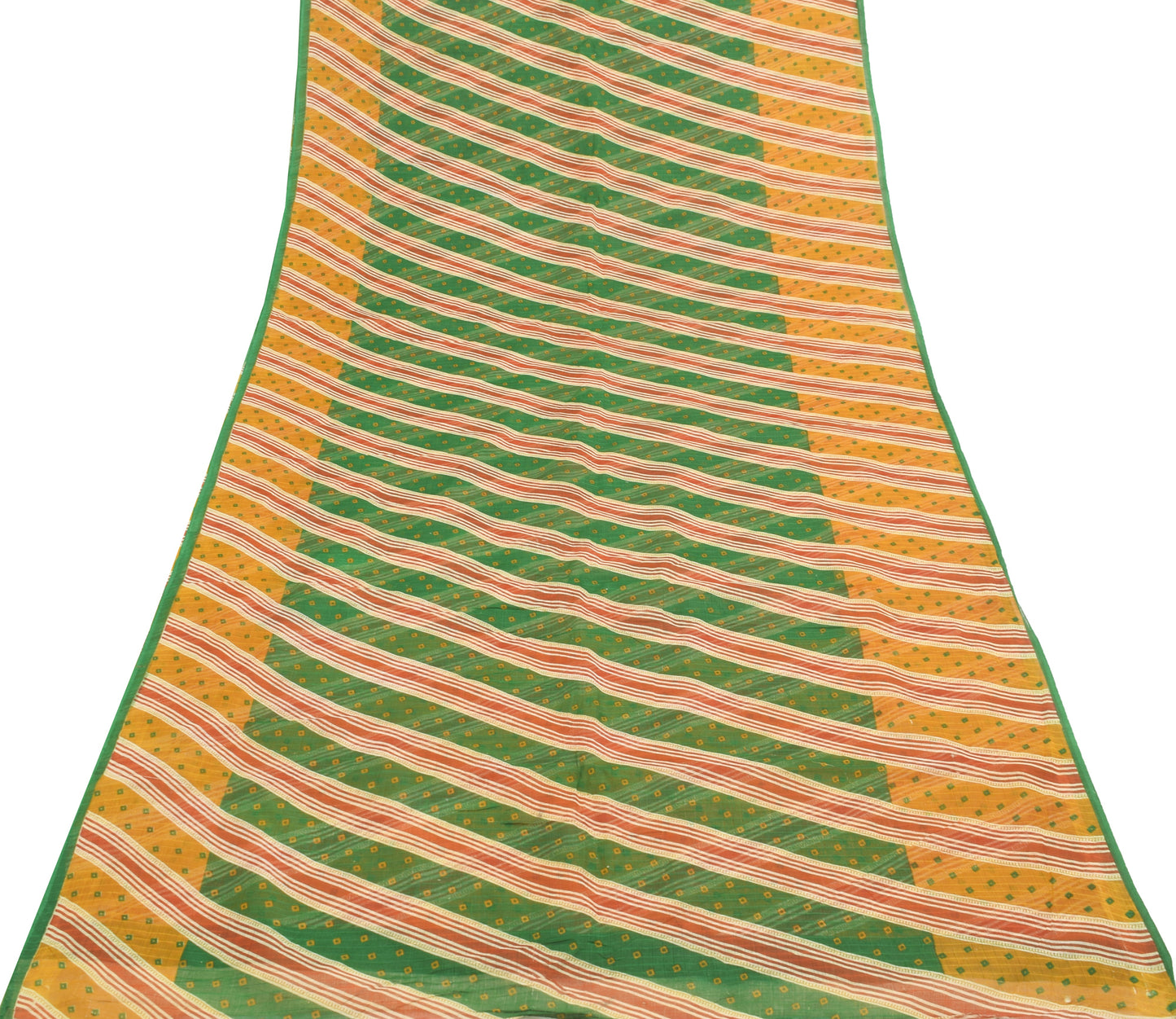 Sushila Vintage Green Indian Saree 100%Pure Cotton Bandhani Printed Craft Fabric