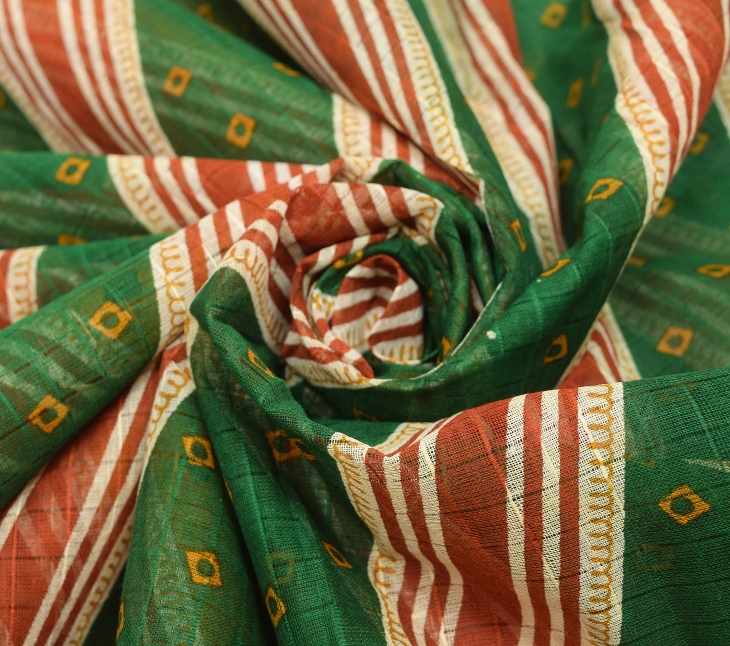 Sushila Vintage Green Indian Saree 100%Pure Cotton Bandhani Printed Craft Fabric