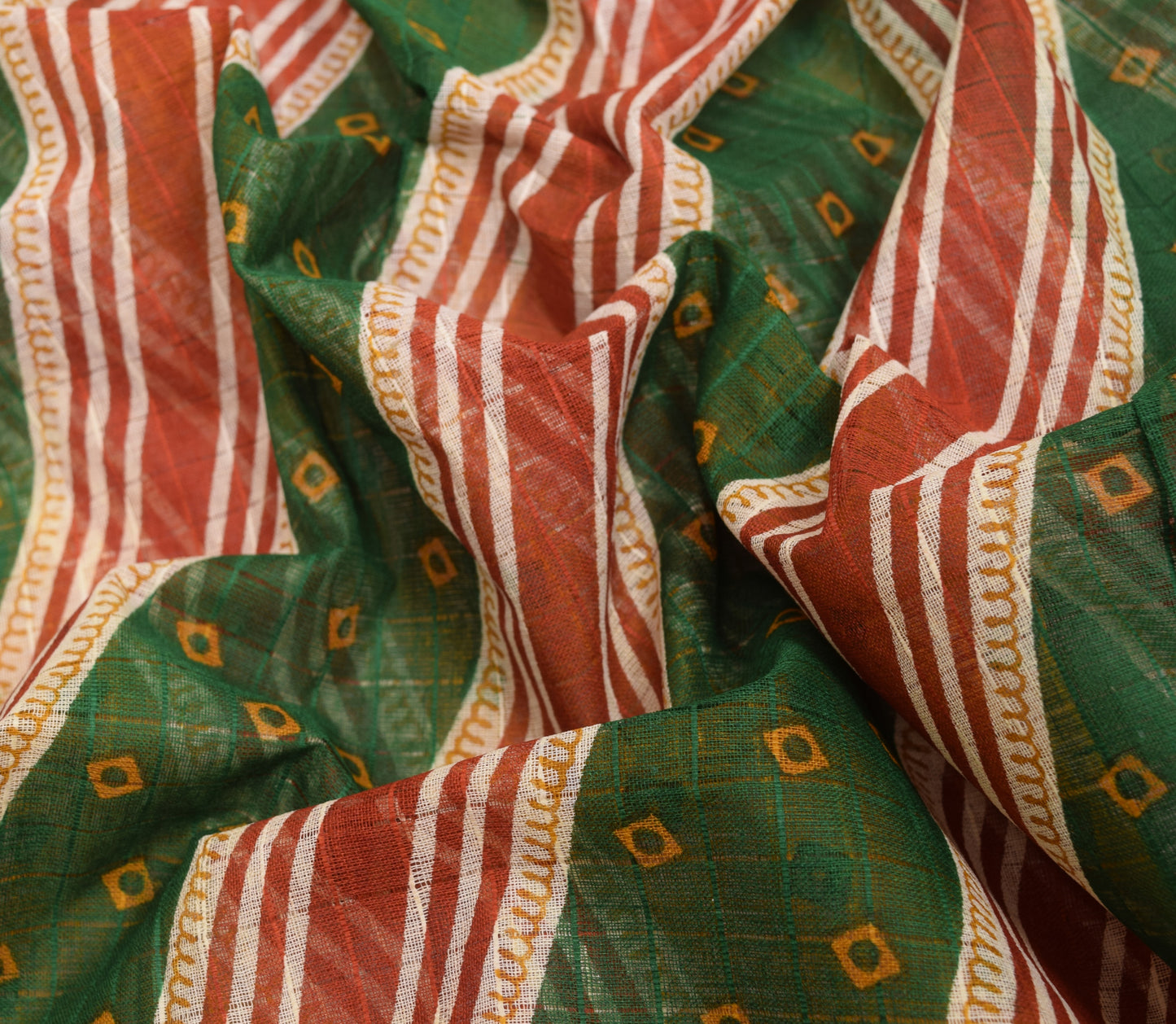 Sushila Vintage Green Indian Saree 100%Pure Cotton Bandhani Printed Craft Fabric